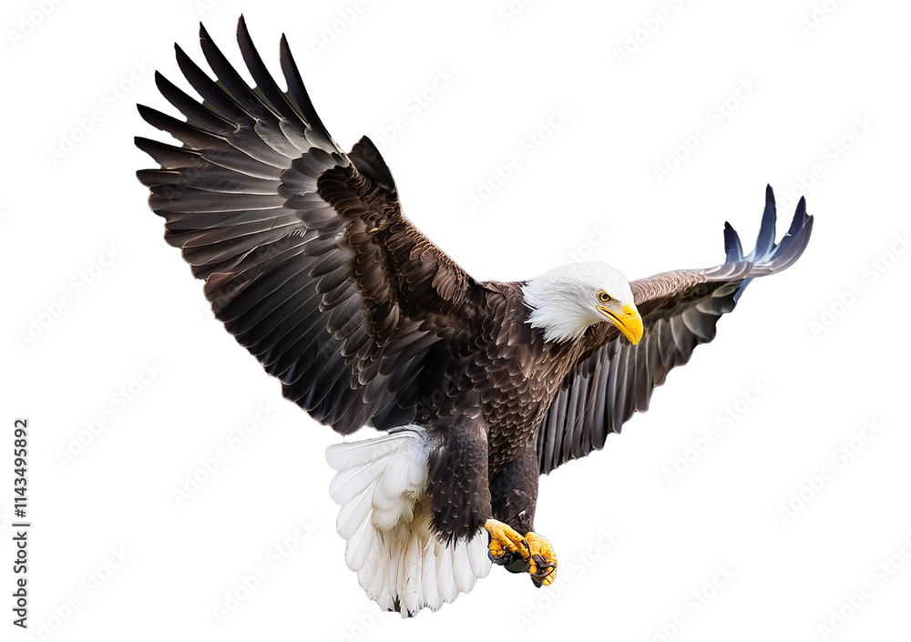 Bald eagle (Haliaeetus leucocephalus) , flying in motion and in landing position isolated on transparent and white background