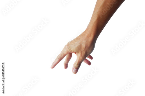 A man's hand in a gesture of reaching down to grab or hold something. photo