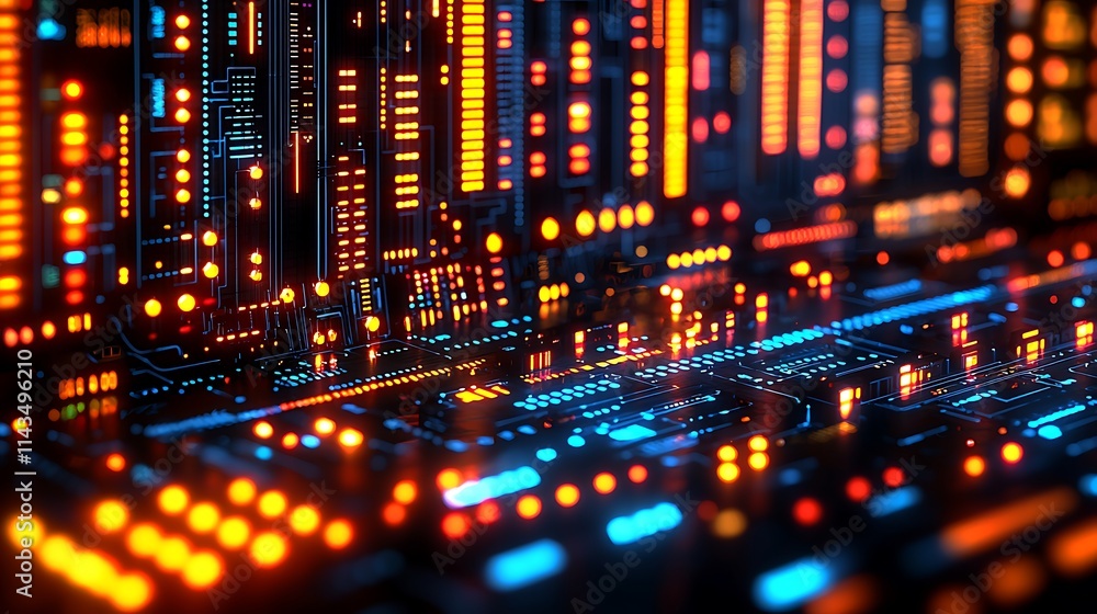 Futuristic Circuit Board With Glowing Orange And Blue Lights Futuristic Circuit Board With Glowing Orange And Blue Lights