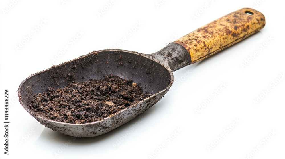 A dirty gardening scoop holds dark soil A dirty gardening scoop holds dark soil