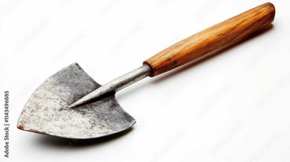 A weathered garden trowel with wooden handle A weathered garden trowel with wooden handle