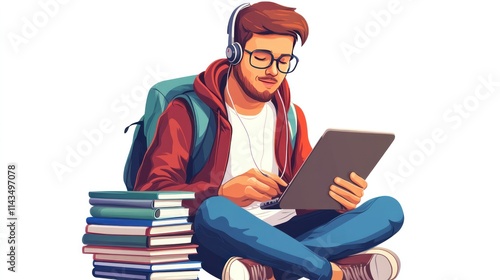 A student listening to music with earbuds, a stack of study materials in the other hand, isolated on white