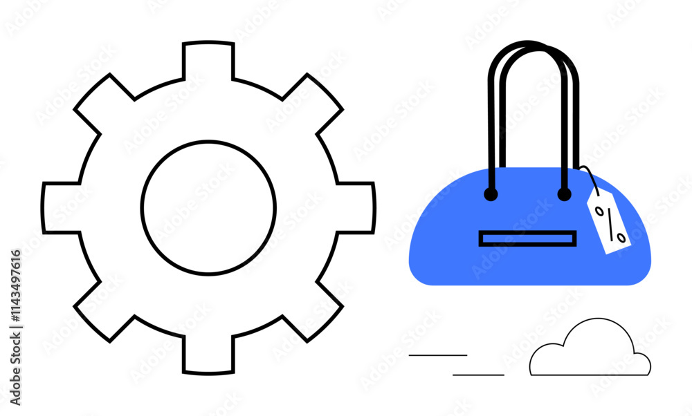 Large gear adjacent to a blue shopping bag with price tag. Small cloud elements underneath. Ideal for e-commerce, tech integration, online shopping, retail technology, cloud services, automation Large gear adjacent to a blue shopping bag with price tag. Small cloud elements underneath. Ideal for e-commerce, tech integration, online shopping, retail technology, cloud services, automation