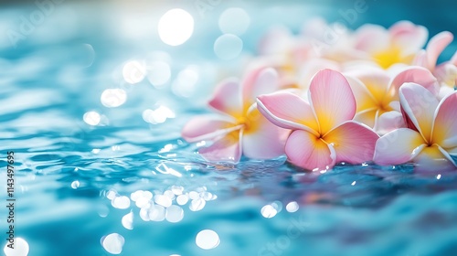 Pink Plumeria Blossoms Floating on Calm Tropical Waters. AI Generated