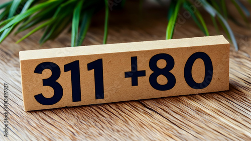 Close-up of a Wooden Block with the Mathematical Equation 311 Plus 80 Written in Black Ink, Placed on a Wooden Surface, with Greenery in the Background photo