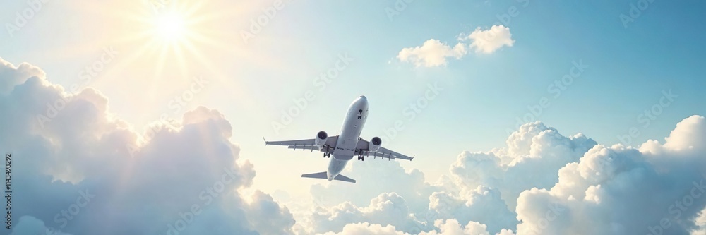 Obraz premium Airplane in white background with sunny sky and fluffy clouds, airport, cloud, flight