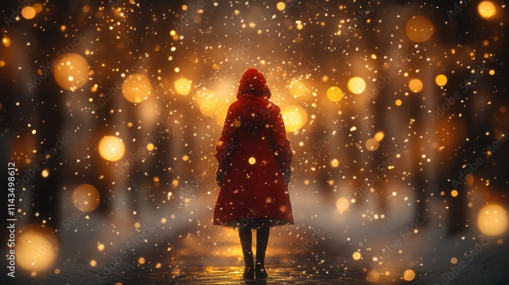 Cozy Festive Scene with Figure in Red Cloak and Snowflakes in Impressionist Style Cozy Festive Scene with Figure in Red Cloak and Snowflakes in Impressionist Style