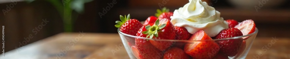 A large glass bowl filled with sliced strawberries and topped with a dollop of whipped cream, dining room decor, rustic, home decor