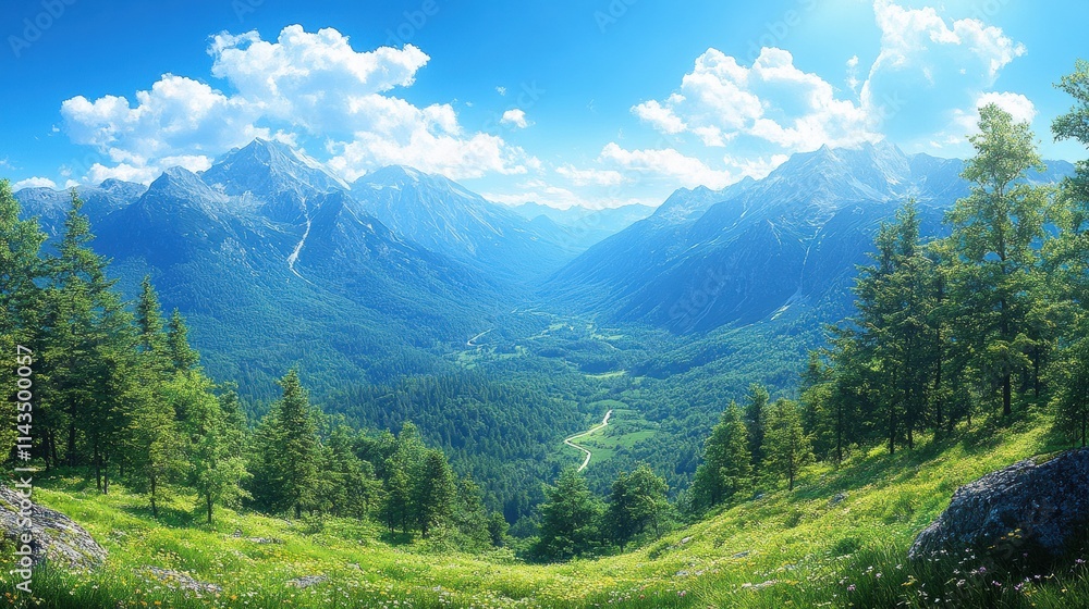 Fototapeta premium Zoom Virtual Background: Breathtaking panoramic view of mountains and lush green valley under a bright blue sky. Sunshine Wallpaper