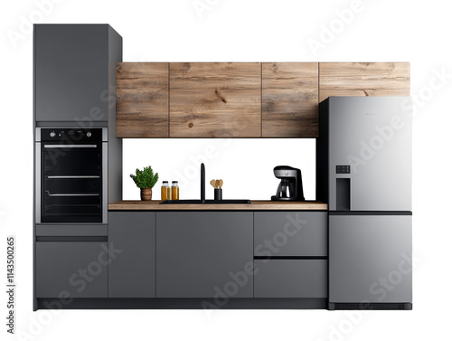 Modern kitchen design, sleek black refrigerator set against a rustic wooden feature wall photo