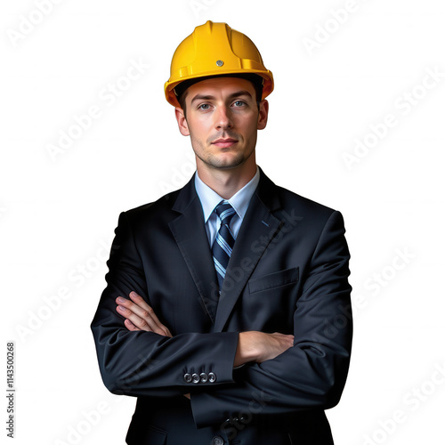 Young professional wears a bright yellow hard hat and intense gaze on a transparent black background, contrasted by his sharp black suit, crisp white shirt, and subtle blue and white striped tie