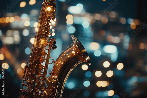 Close-up of a golden saxophone against a blurred city lights background. Perfect for jazz music, nightlife, or city themes. photo