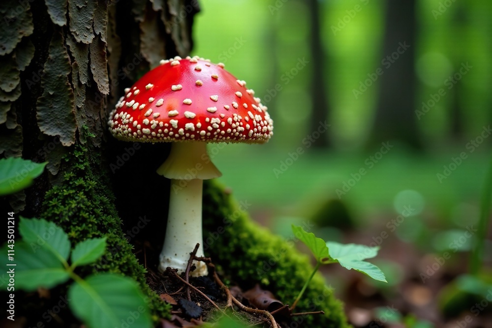 Amanita muscaria cap covered in bright red spots against a dark green background of the tree trunk, forest, vertical Amanita muscaria cap covered in bright red spots against a dark green background of the tree trunk, forest, vertical