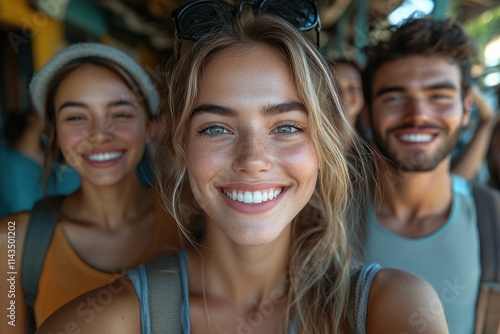 Happy diverse friends smiling together in vibrant outdoor group selfie with joyful expressions