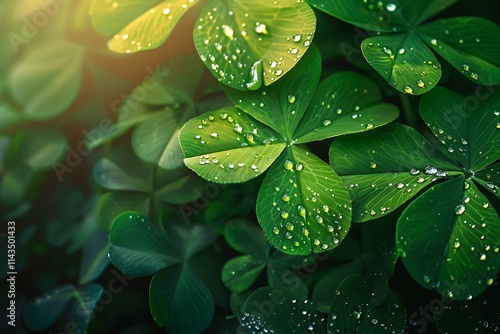 Capture spring's luck with shimmering dew on shamrock leaves, Dewdrops adorn vibrant green leaves of a lush plant, Fresh green four leaf clovers adorned with glistening dew drops. photo