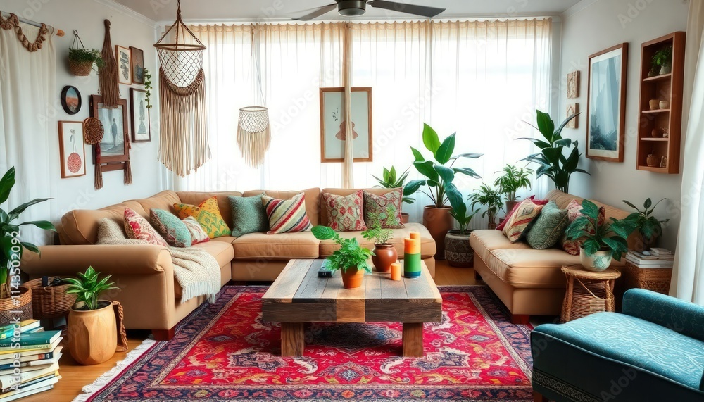 Fototapeta premium Bohemian Style - Living Room Interior Design with Bohemian Concept - Hotel Living Room Interior - Apartment Living Room Concept - Interior Design