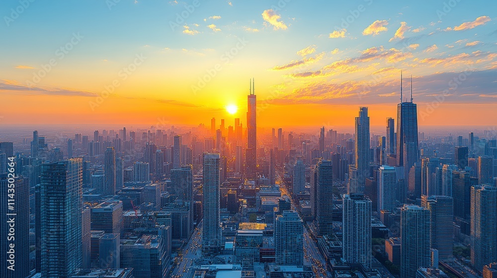 Fototapeta premium Zoom Virtual Background: City skyline at sunset with skyscrapers and vibrant colors. Sunshine Wallpaper