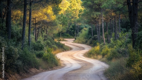 A winding sandy road in Mokala National Park, South Africa, framed by tall trees and bushes. The vast and untouched beauty is evident as the road leads deep into the wilderness.