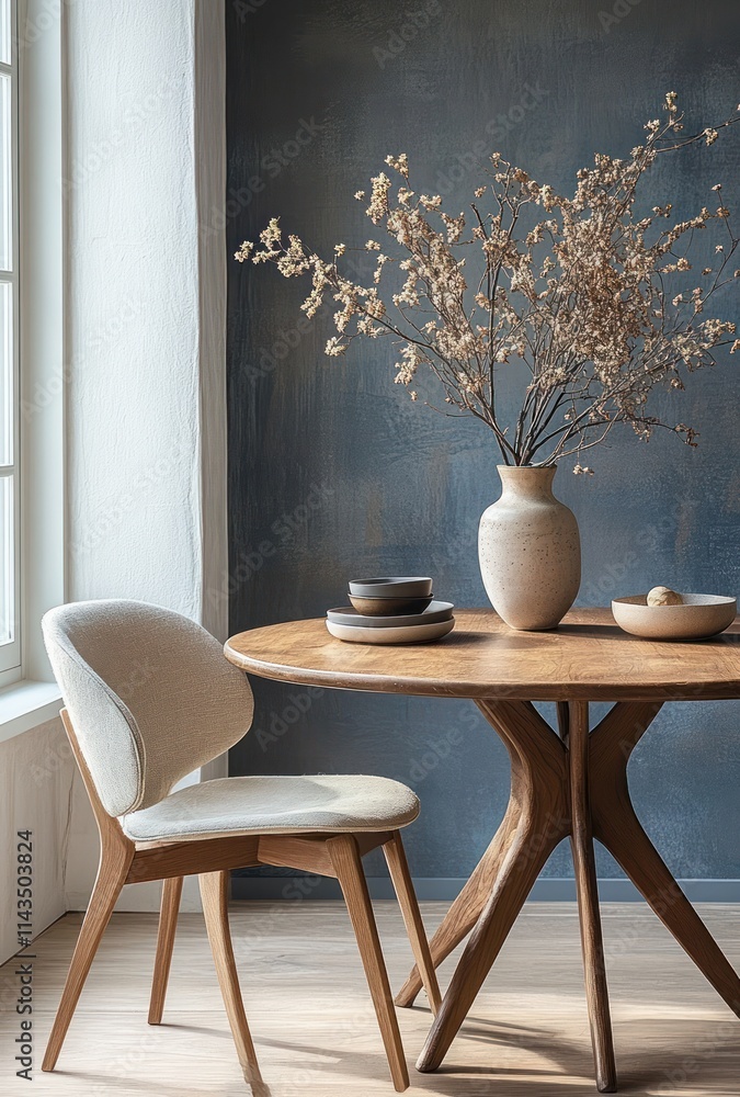 Cozy Scandinavian Dining Corner with Wooden Table and Simple Pottery in Warm Earthy Tones Cozy Scandinavian Dining Corner with Wooden Table and Simple Pottery in Warm Earthy Tones