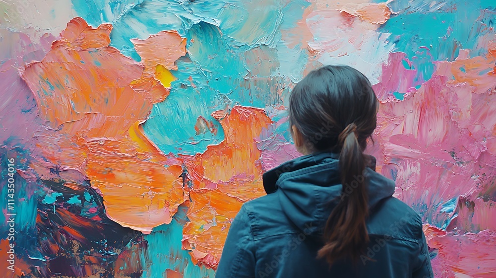 Obraz premium Person gazing at vibrantly painted wall. Wide shot photo.. AI Generated