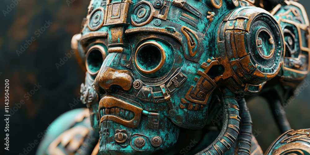 Fototapeta premium Close up of a bronze ancient Mayan-inspired robot, with aquamarine and dark green hues, generative AI