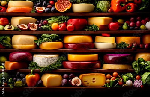 Wallpaper Mural A colorful display of fruits and vegetables, including cheese, on a wooden shelf. Concept of abundance and variety, showcasing the diverse range of food options available Torontodigital.ca