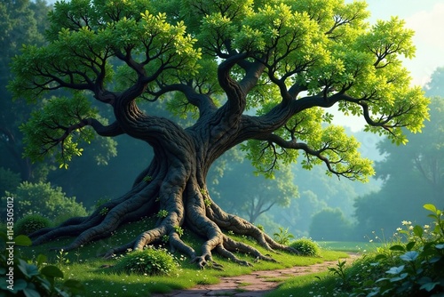 Ancient tree with gnarled branches and sprawling roots, foliage, greens, blossom-covered tree photo