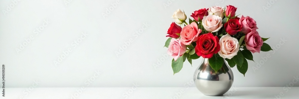 An elegant arrangement of colorful roses and tulips in a modern silver vase with a neutral white background, rose bouquet, flower vase, mixed flowers An elegant arrangement of colorful roses and tulips in a modern silver vase with a neutral white background, rose bouquet, flower vase, mixed flowers