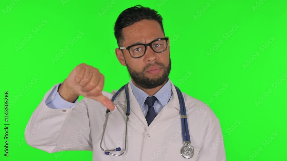 Portrait of Male Doctor with Thumbs Down on Green Background Portrait of Male Doctor with Thumbs Down on Green Background