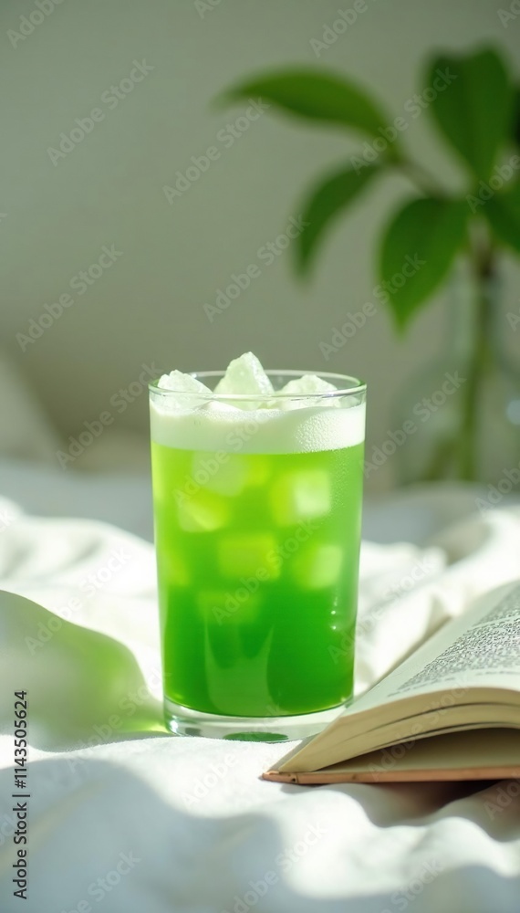 An iced matcha tea glass in a light green and white color tone sits on a bed with an open book beside it, natural light, light green and white, shallow depth of field An iced matcha tea glass in a light green and white color tone sits on a bed with an open book beside it, natural light, light green and white, shallow depth of field