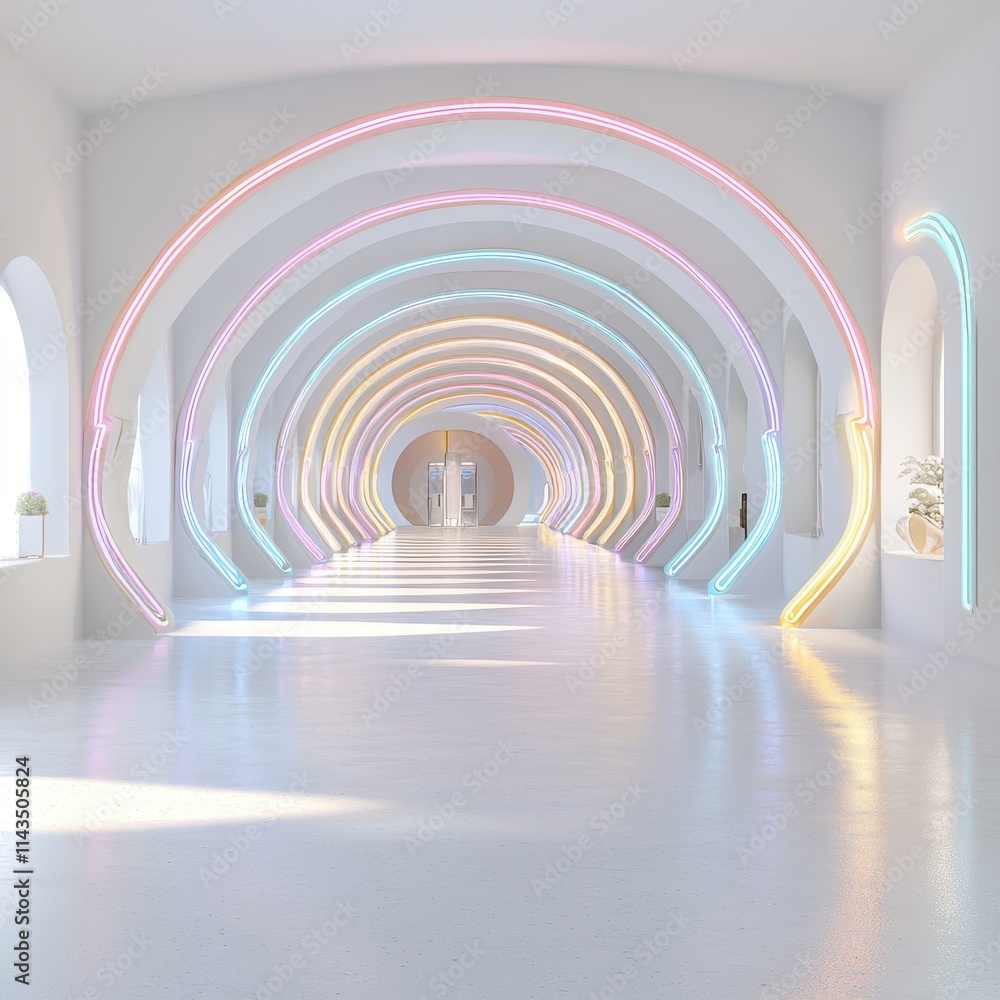 Bright Neon Arches in Modern Minimalist Interior Space Design Bright Neon Arches in Modern Minimalist Interior Space Design