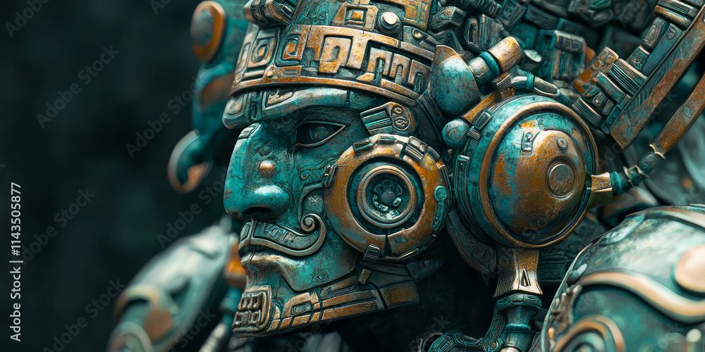 Fototapeta premium Close up of a bronze ancient Mayan-inspired robot, with aquamarine and dark green hues, generative AI