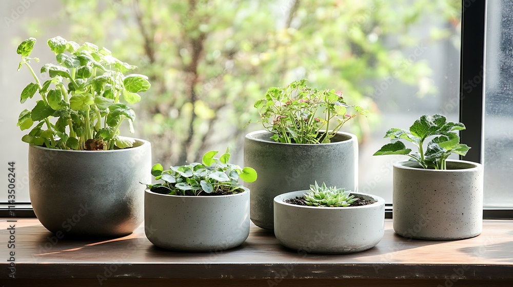 Sunlit Windowsill Herb Garden: Five Greenery Pots in a Cozy Home Setting. AI Generated