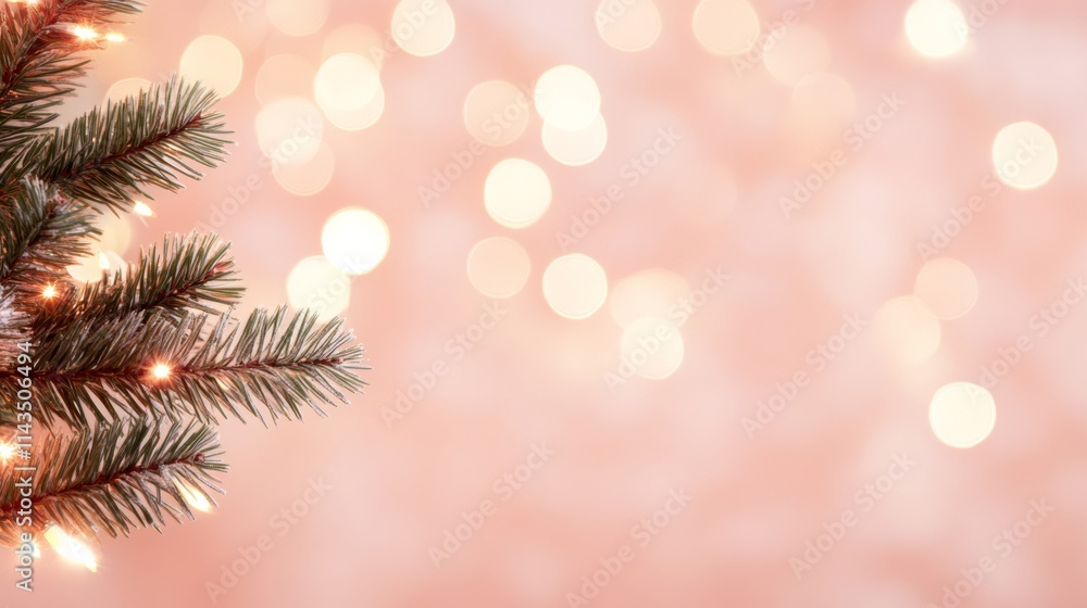 Festive Christmas Lights and Pine Branch on Soft Abstract Background Festive Christmas Lights and Pine Branch on Soft Abstract Background