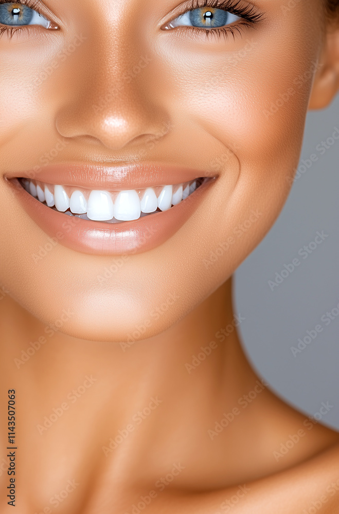 A woman with a bright smile and a clean, white smile. She has a very attractive and healthy appearance A woman with a bright smile and a clean, white smile. She has a very attractive and healthy appearance