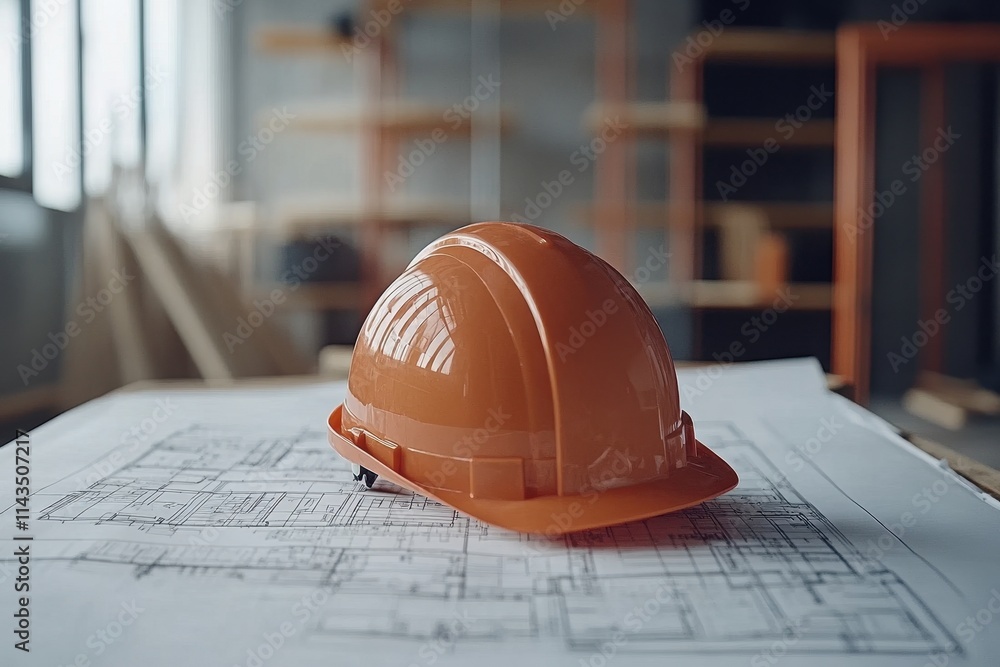 Orange hard hat rests on blueprints. Illustrates construction planning and safety.