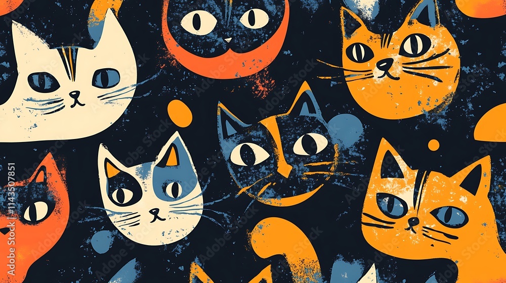 Fototapeta premium Vivid cat faces pattern digital art, naive style illustration.. AI Generated