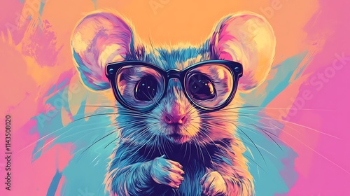 Playful mouse wears glasses brightly painted digital fantasy art. AI Generated