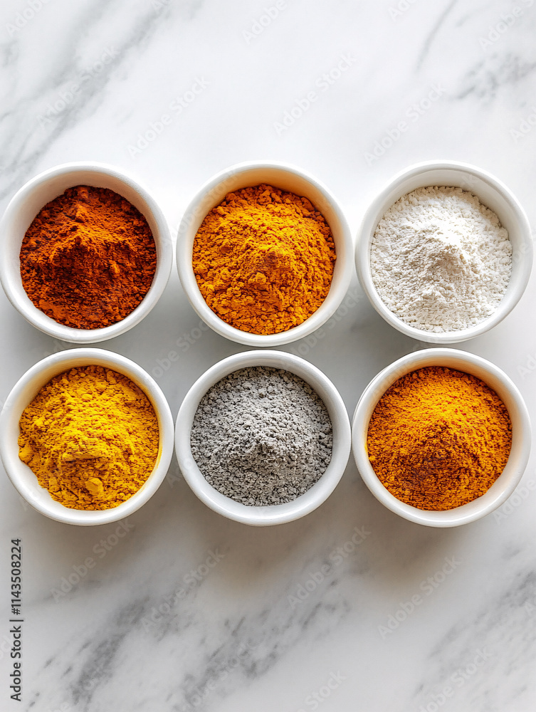 Assorted spices in white bowls on marble white surface. Assorted spices in white bowls on marble white surface.