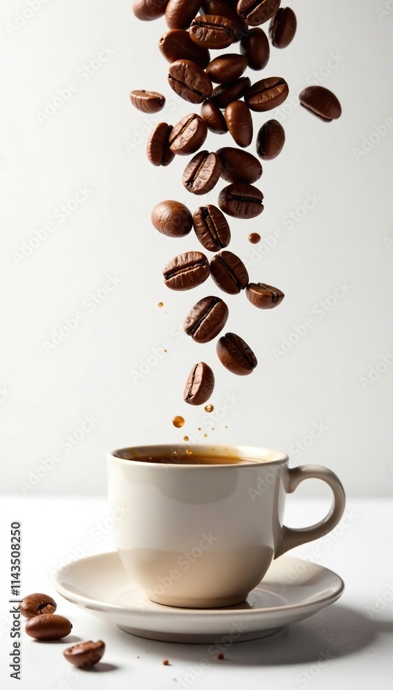 Obraz premium Aromatic coffee beans suspended high above a plain white backdrop, coffee, airy