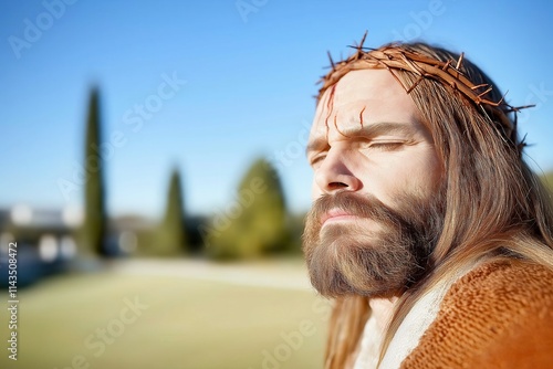 Jesus Christ with crown of thorns and closed eyes looking pensive in outdoor setting with blurred background and blue sky photo