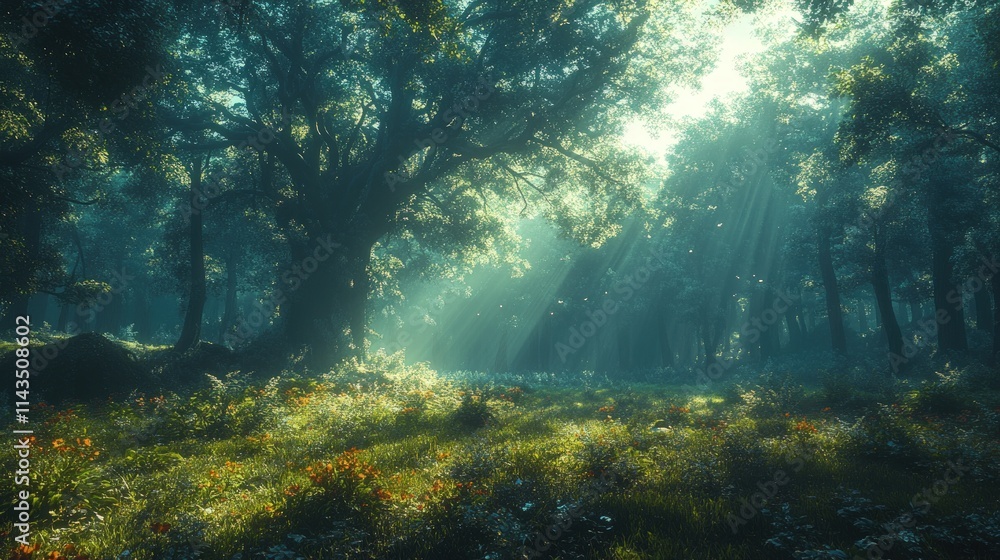 Sunlit forest clearing, wildflowers, mystical ambiance. Sunlit forest clearing, wildflowers, mystical ambiance.