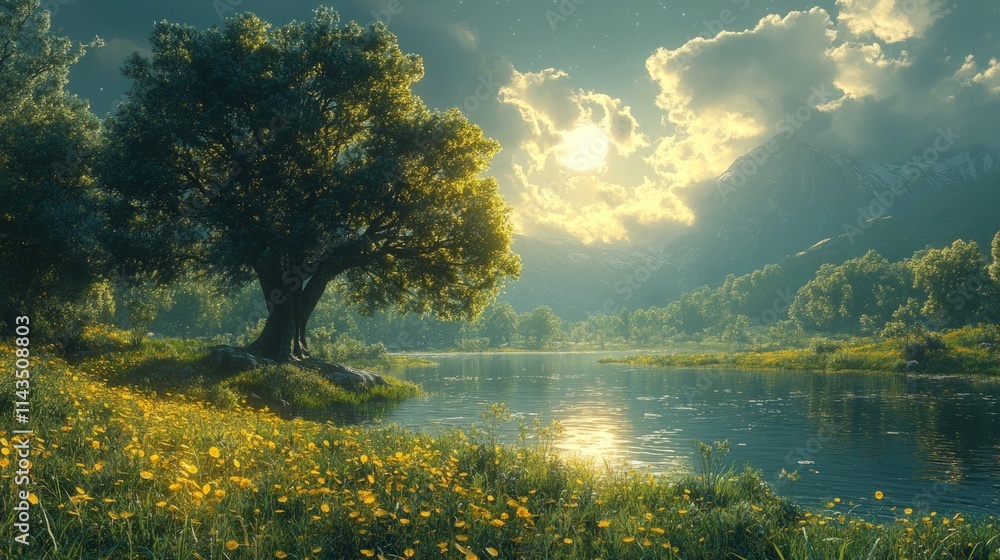 Fototapeta premium Serene lakeside scene, wildflowers, mountains, sunlit tree.