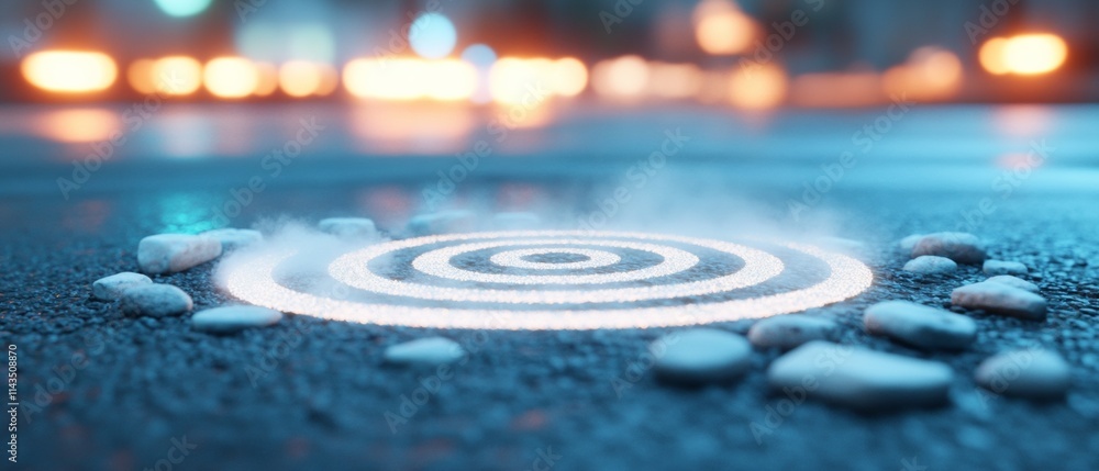 Illuminated Urban Spiral Nighttime Street Art with Misty City Reflections Illuminated Urban Spiral Nighttime Street Art with Misty City Reflections