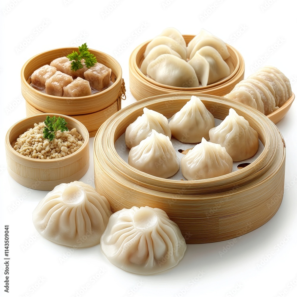 An assortment of delicious steamed dumplings served in traditional bamboo baskets. An assortment of delicious steamed dumplings served in traditional bamboo baskets.