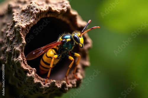 Asian hornet Vespa velutina emerging from its nest, nesting site, insect life cycle
