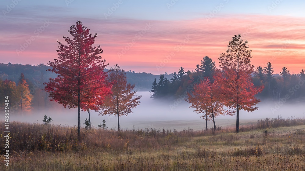 Autumn Sunrise over Misty Meadow. AI Generated Autumn Sunrise over Misty Meadow. AI Generated