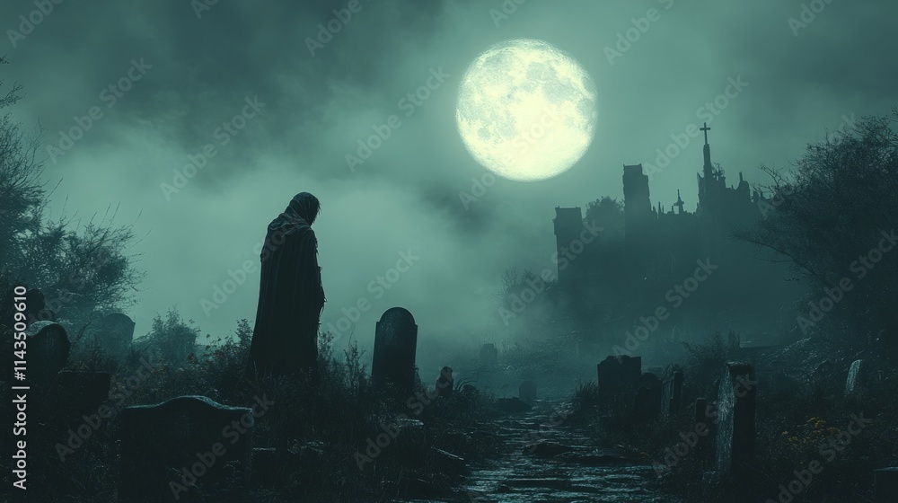 Foggy graveyard, hooded figure, moonlit castle. Foggy graveyard, hooded figure, moonlit castle.