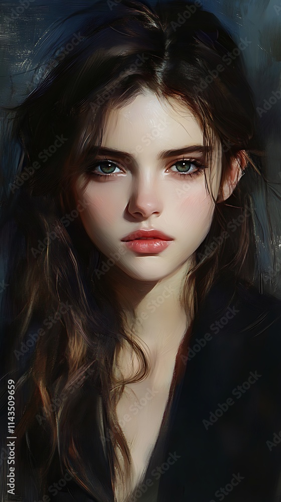 Dark haired girl digital painting soft realistic style portrait. AI Generated