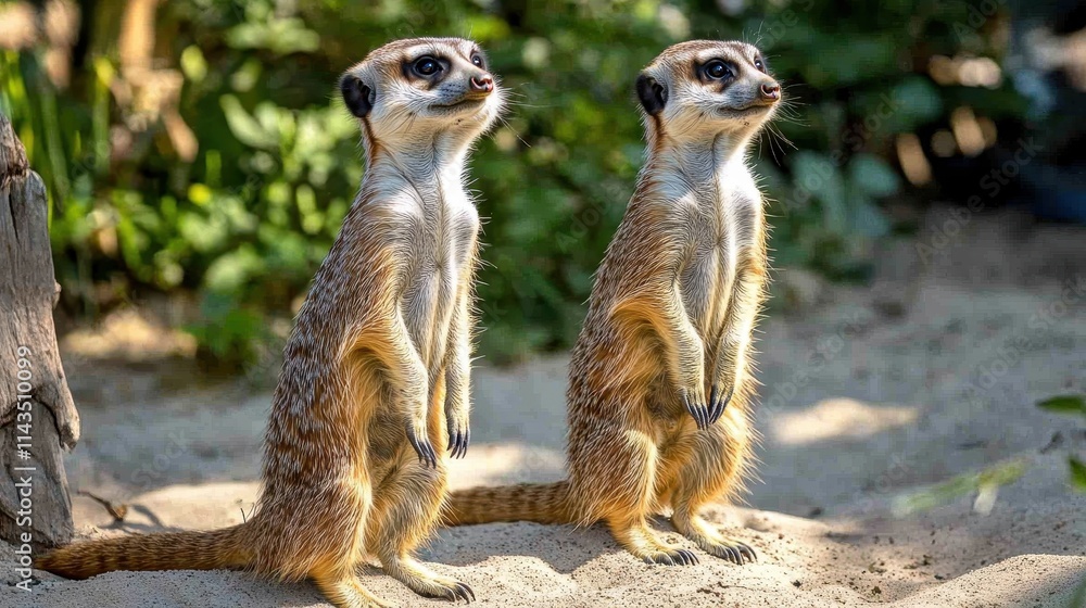 Two meerkats stand upright on sandy ground, alert and watchful. Perfect for wildlife, nature, or African animal themed projects. Two meerkats stand upright on sandy ground, alert and watchful. Perfect for wildlife, nature, or African animal themed projects.